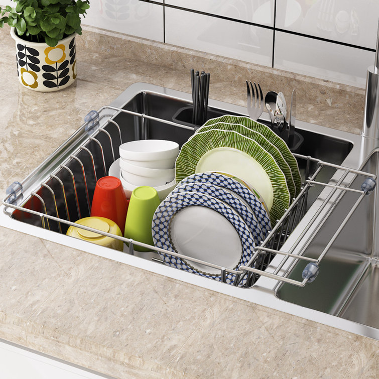 TJ Expandable Dish Drying Rack In Sink With Utensil Silverware Storage